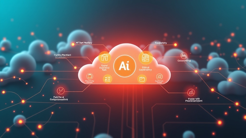 Diagram illustrating enterprise AI deployment framework with interconnected nodes for scalability, security, and ethical governance in a cloud environment.