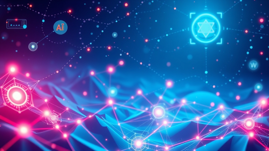 A futuristic digital landscape with interconnected nodes representing AI, content, and search optimization, illustrating a comprehensive AI-powered content strategy.