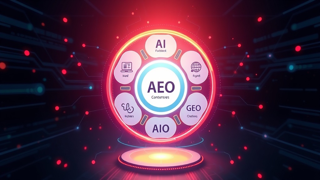 Diagram illustrating the interconnectedness of AI, AEO, GEO, and AIO in a modern content strategy ecosystem