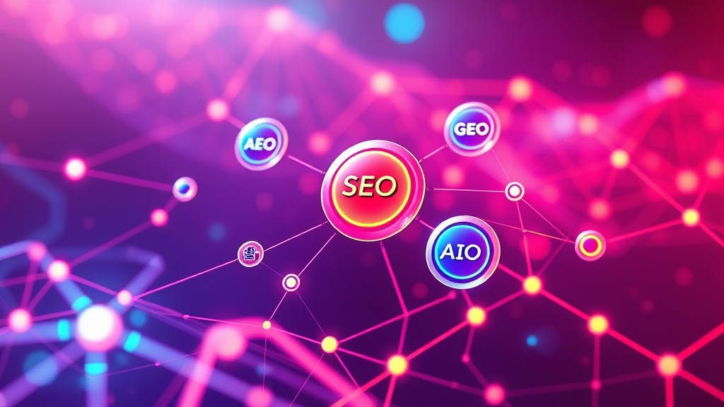 Digital content architecture showing interconnected nodes for SEO, AEO, GEO, and AIO, representing a holistic content strategy.