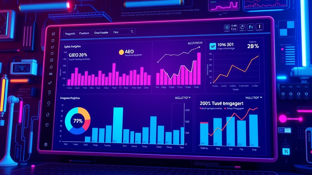 Digital marketing dashboard showing integrated analytics for SEO, AEO, GEO, and AIO performance, with charts and graphs indicating hyper-targeted user engagement.