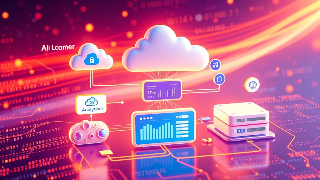 Diagram illustrating interconnected multi-cloud data services feeding into an AI analytics dashboard, showing data flow, compute, and storage layers.