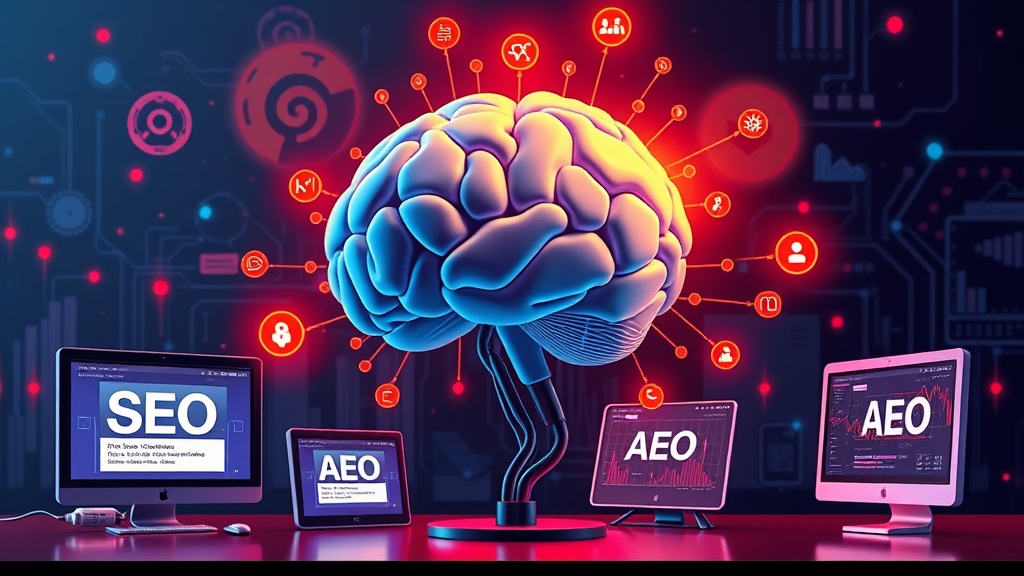 AI brain generating optimized content for SEO, AEO, GEO, and AIO on various digital screens