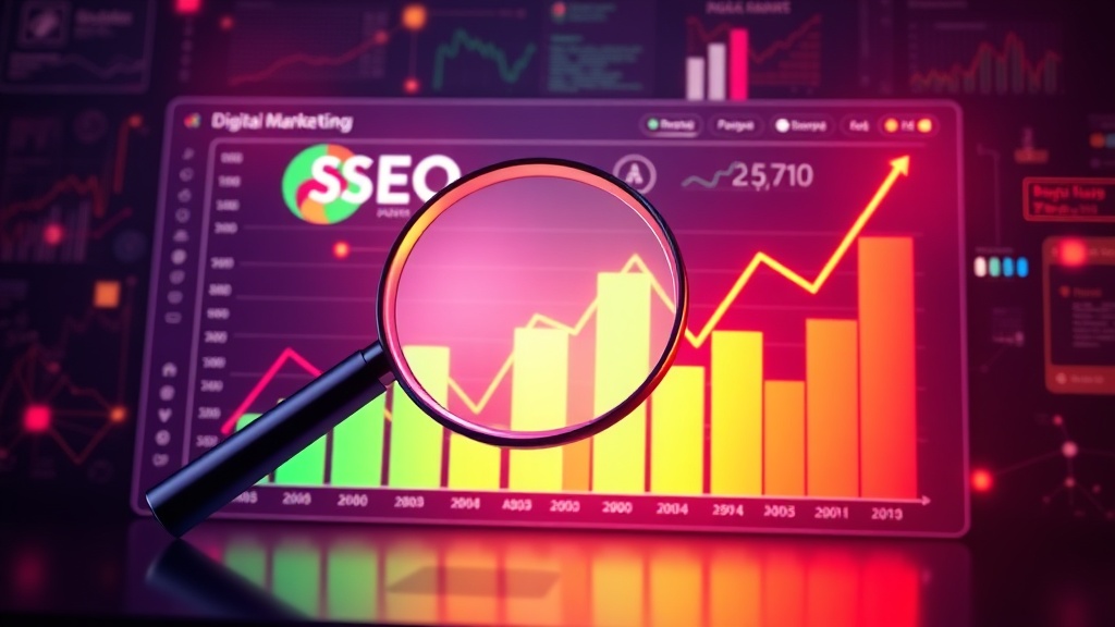 Digital marketing dashboard showing interconnected graphs representing SEO, AEO, GEO, and AIO performance, with a magnifying glass over data points and a successful upwards trend.