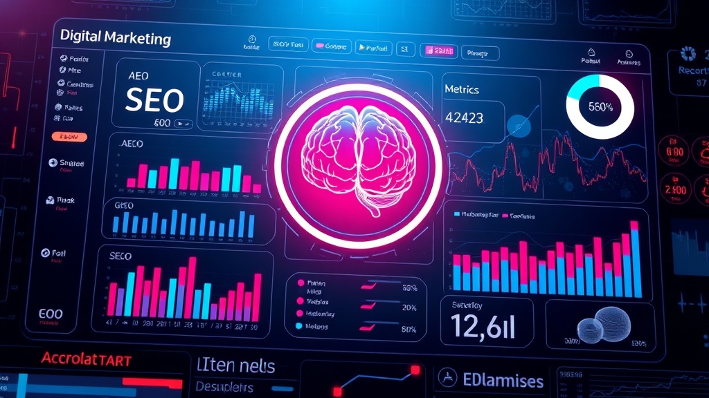 Digital marketing dashboard showing integrated metrics for SEO, AEO, and GEO, with an AI brain icon at the center, symbolizing AIO-driven synergy