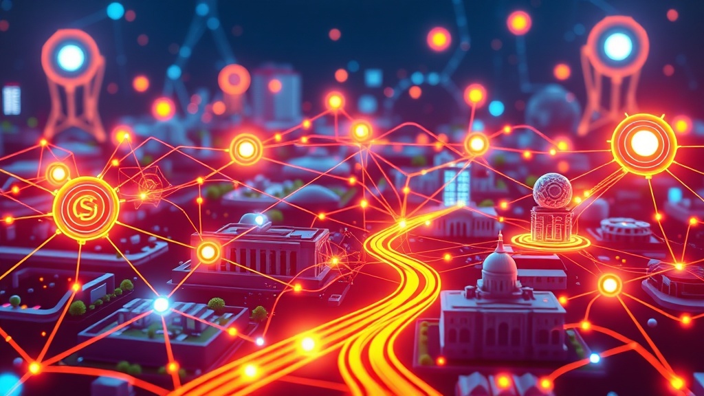 Digital illustration of AI neural networks connecting various sectors like agriculture, healthcare, smart cities, and government buildings, symbolizing AI as the engine of development for Viksit Bharat 2047.