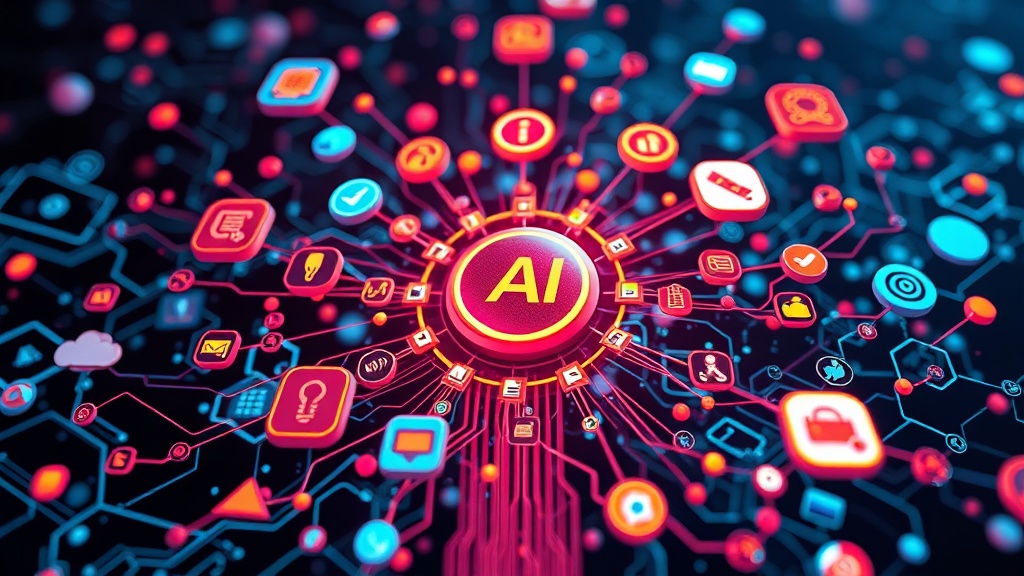 A complex digital ecosystem with interconnected symbols representing AI, search, maps, and content optimization, signifying a holistic search strategy.