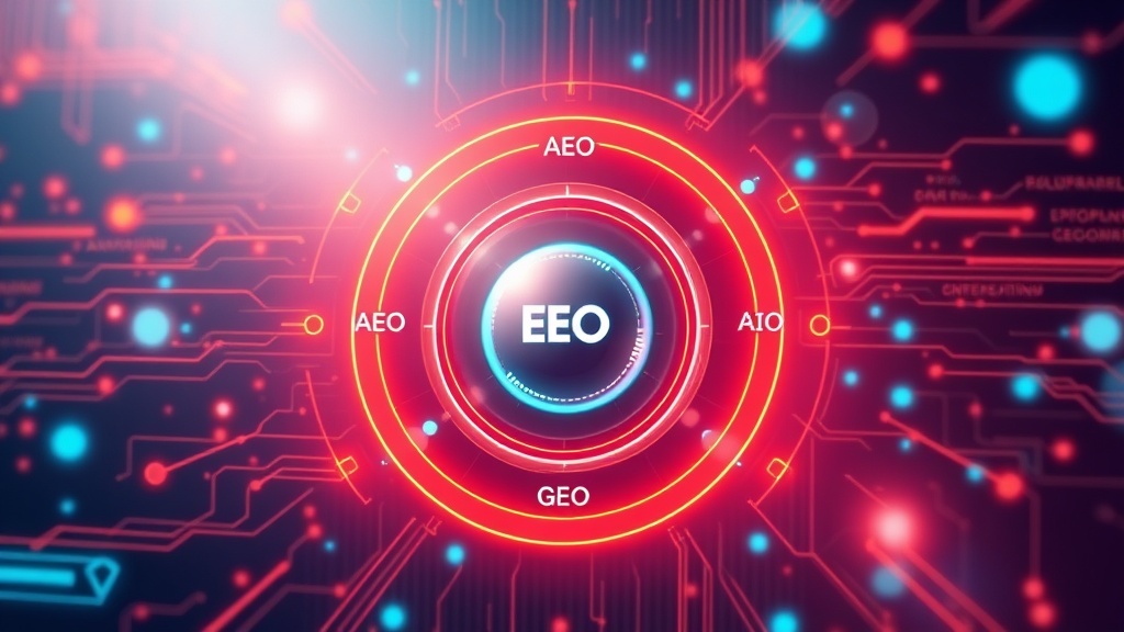 Digital strategy diagram showing interconnected circles for AEO, GEO, and AIO with user search at the center