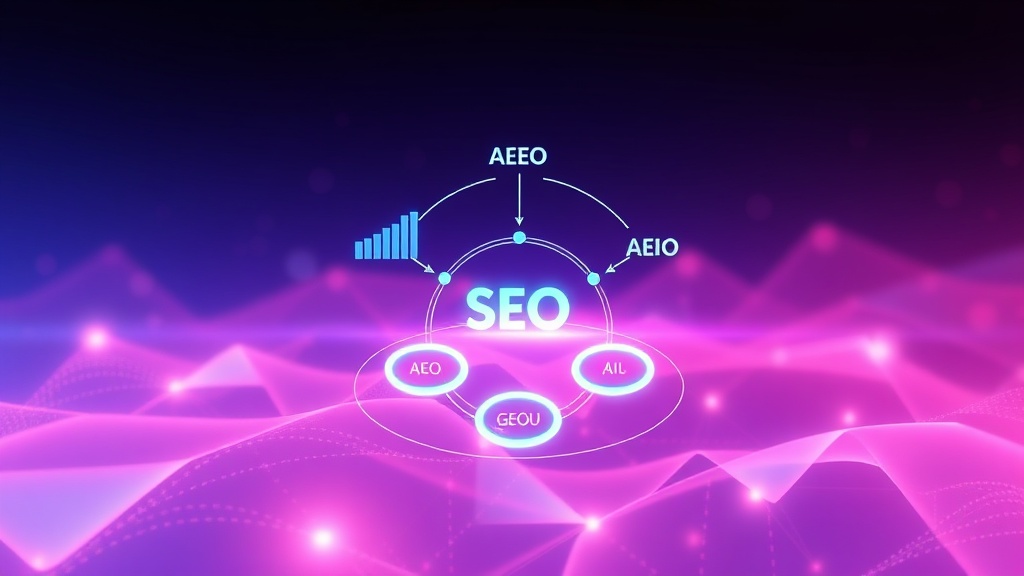 Diagram illustrating the interconnectedness of SEO, AEO, GEO, and AIO strategies forming a holistic digital ecosystem.