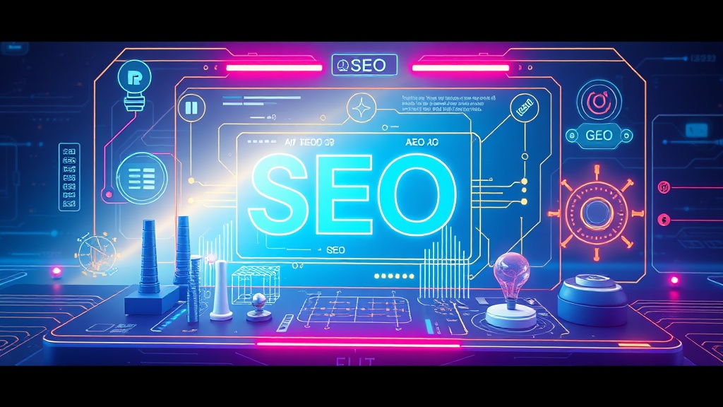 A futuristic digital interface showing interconnected elements of SEO, AEO, GEO, and AI optimization, representing a unified AIO strategy.