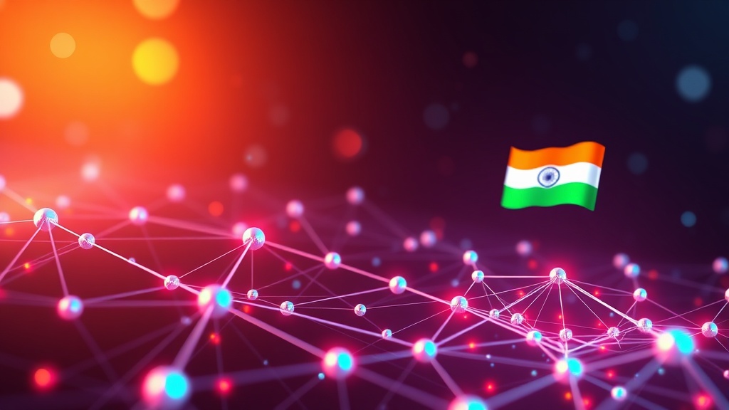 Digital representation of interconnected data nodes and AI models forming a network, with the Indian flag subtly integrated, symbolizing India's common code digital public infrastructure for AI