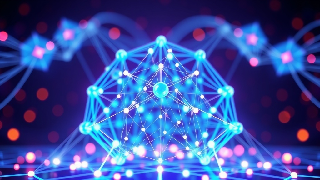 Digital representation of interconnected nodes or a network, symbolizing India's Digital Public Infrastructure and a common code for AI, with data flowing and AI models being built collaboratively.