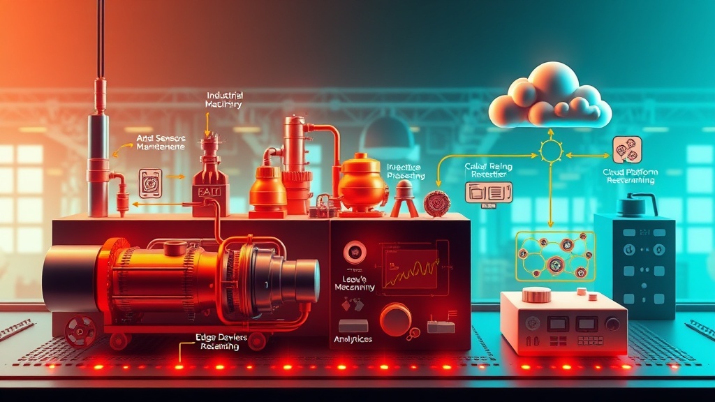 Diagram illustrating an AI predictive maintenance workflow showing industrial machinery, IoT sensors, edge devices for local processing, and cloud platforms for analytics and model retraining.
