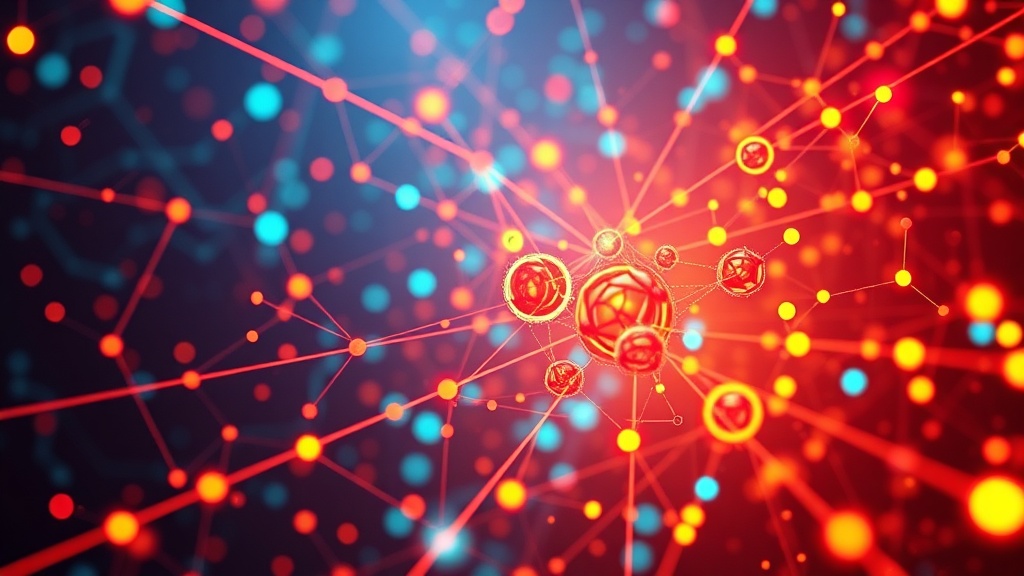 An abstract digital illustration showing interconnected nodes and data streams, symbolizing artificial intelligence influencing search engine optimization algorithms and data analysis.