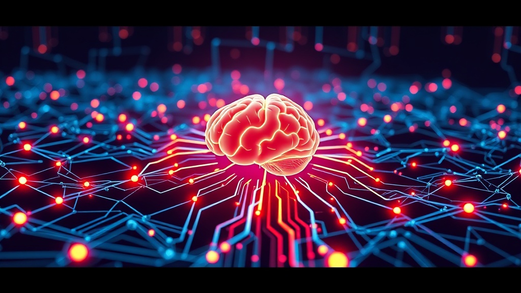 A complex digital network with glowing AI brain at its center, representing data intelligence and transformative growth.