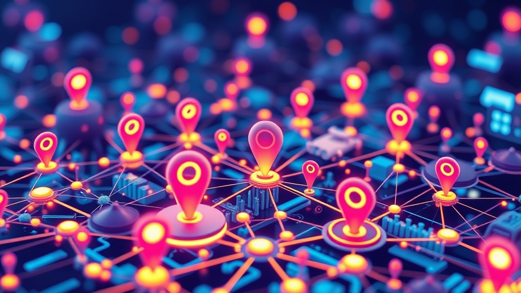 A complex digital ecosystem graphic illustrating interconnected data points, AI, location pins, and content modules, symbolizing hyper-contextual digital engagement.