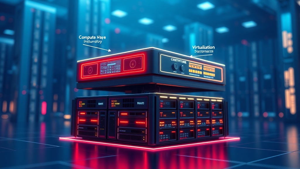 Diagram illustrating Hyper-Converged Infrastructure architecture with compute, storage, and networking layers integrated on commodity x86 servers, showcasing virtualization and management plane.