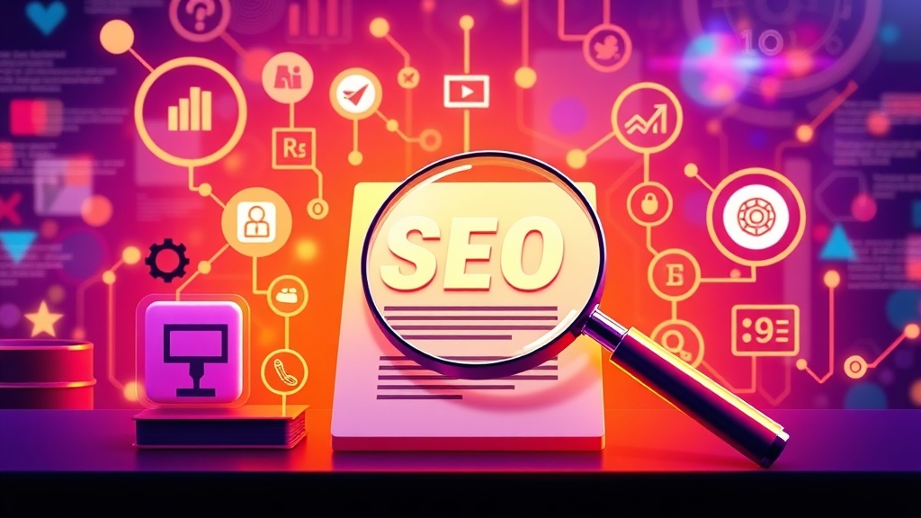 An illustration depicting a magnifying glass over a document title, surrounded by digital symbols representing SEO, AEO, GEO, and AIO, signifying comprehensive optimization for digital content discoverability.