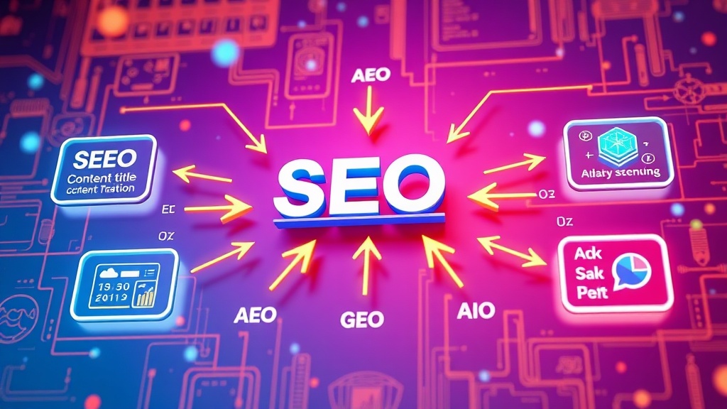Detailed diagram illustrating the interconnectedness of a well-defined content title with various optimization strategies including SEO, AEO, GEO, and AIO, showing arrows pointing from the title to different digital platforms and user intent outcomes.