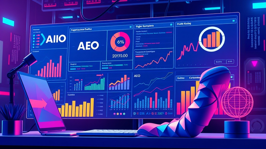 Digital strategist analyzing a dashboard with various optimization metrics including AIO, AEO, and GEO, showing growth graphs and interconnected concepts.