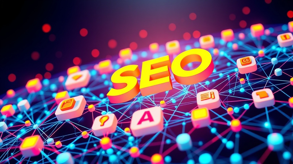A complex digital network overlayed with icons representing SEO, AEO, GEO, and AIO, symbolizing integrated content strategy for digital dominance.