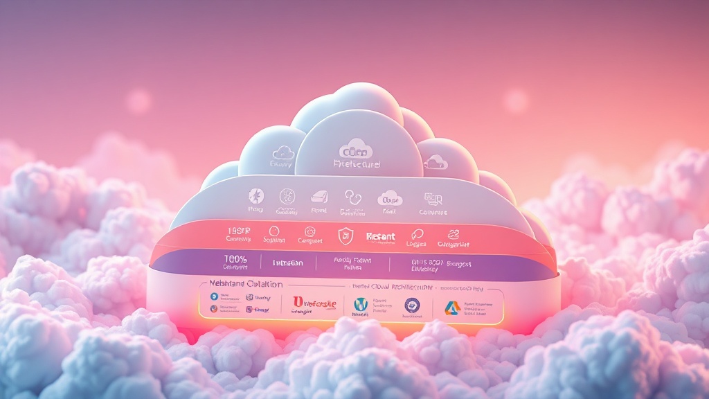 Diagram depicting layers of enterprise cloud architecture optimization, including scalability, security, and cost efficiency, with various cloud provider logos and technical icons.