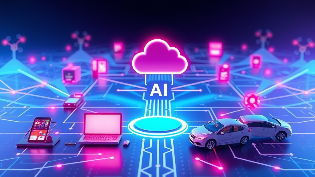A stylized graphic representing a neural network distributed across various edge devices like smartphones, sensors, and autonomous vehicles, connected to a central cloud icon, illustrating the Edge AI paradigm.