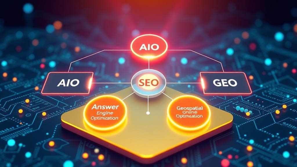 Diagram illustrating the convergence of Artificial Intelligence Optimization (AIO), Search Engine Optimization (SEO), Answer Engine Optimization (AEO), and Geospatial Optimization (GEO) in a unified digital strategy for comprehensive online dominance.