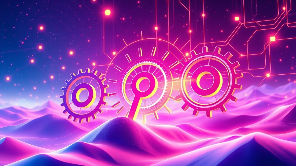 A visual representation of interconnected digital gears, symbolizing AI, SEO, and content strategy working in harmony, with glowing lines indicating data flow and synergy across a futuristic landscape.