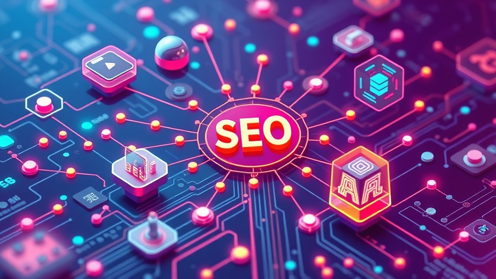 A complex digital ecosystem illustration showing interconnected nodes representing SEO, AEO, GEO, and AI, surrounded by data streams and digital interfaces, symbolizing a synergistic approach to modern content strategy.