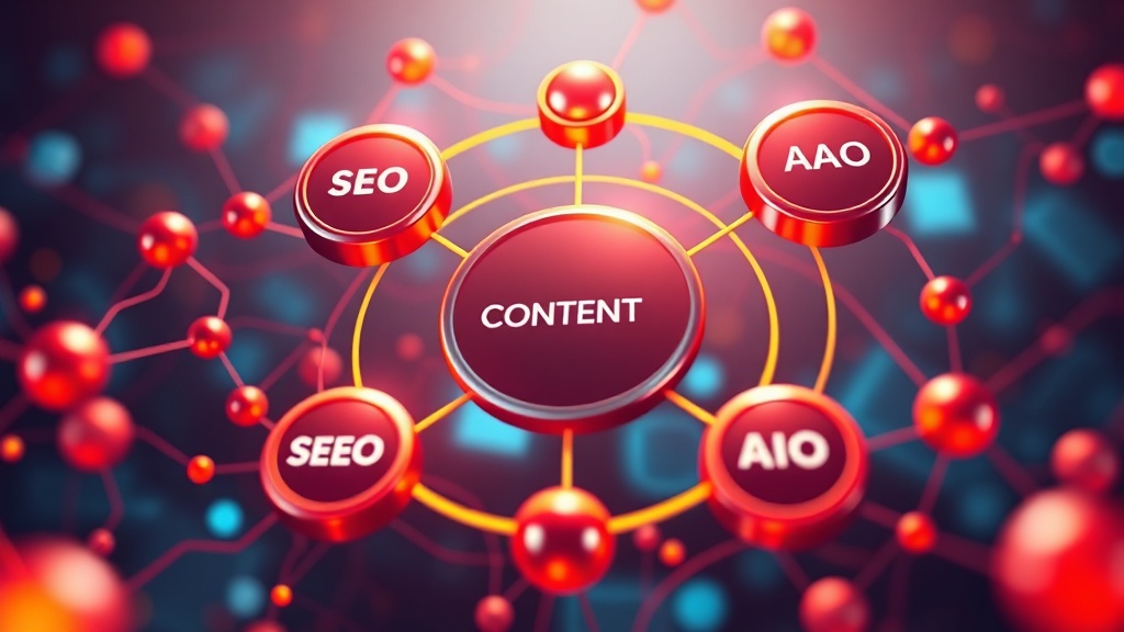 A stylized digital content strategy diagram showing interconnected nodes for SEO, AEO, GEO, and AIO, symbolizing a holistic approach to creating definitive online resources.