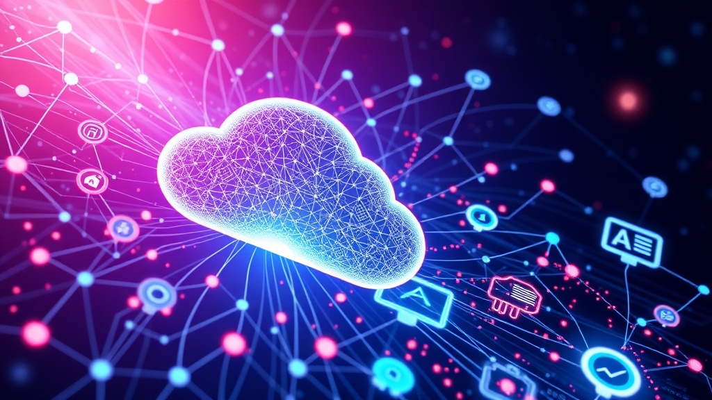 An intricate digital representation of data flowing through a cloud network, with nodes depicting AI models, machine learning algorithms, and predictive analytics dashboards, all connected within a cloud-native architectural framework.