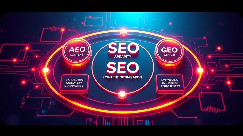 Diagram illustrating the interconnectedness of SEO, AEO, GEO, and AIO strategies for digital content optimization.