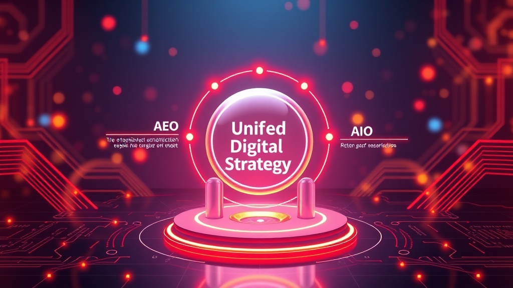 Diagram showing the interconnectedness of SEO, AEO, GEO, and AIO pillars supporting a central 'Unified Digital Strategy' icon.