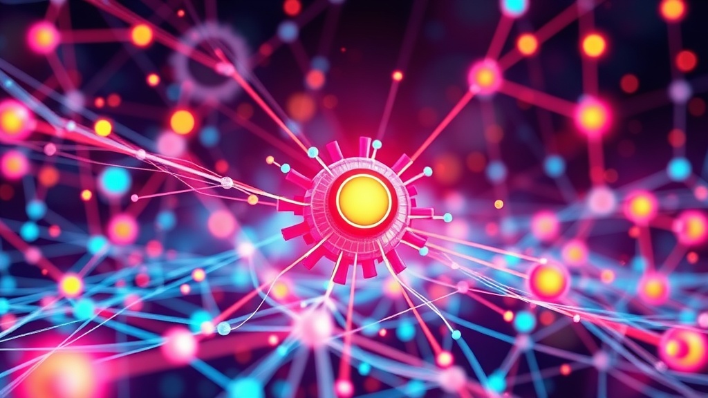 Abstract visualization of interconnected algorithms and neural networks representing generative AI's impact on business and digital transformation