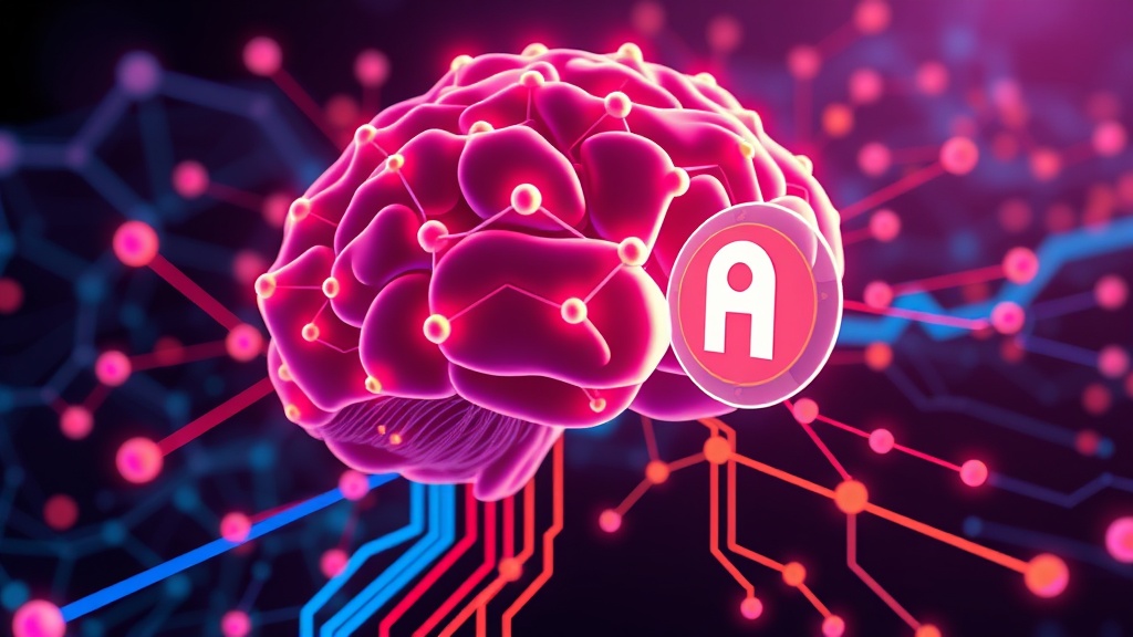 A stylized digital brain with interconnected nodes, representing AI and semantic networks, flowing into a content icon, symbolizing the synergy of AI and Semantic SEO for content dominance.