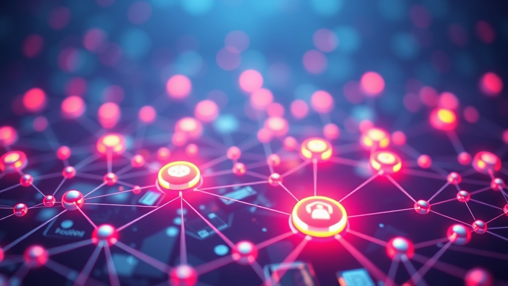 An abstract digital illustration showing interconnected nodes representing AI, cloud computing, and cybersecurity forming a cohesive network for digital transformation.